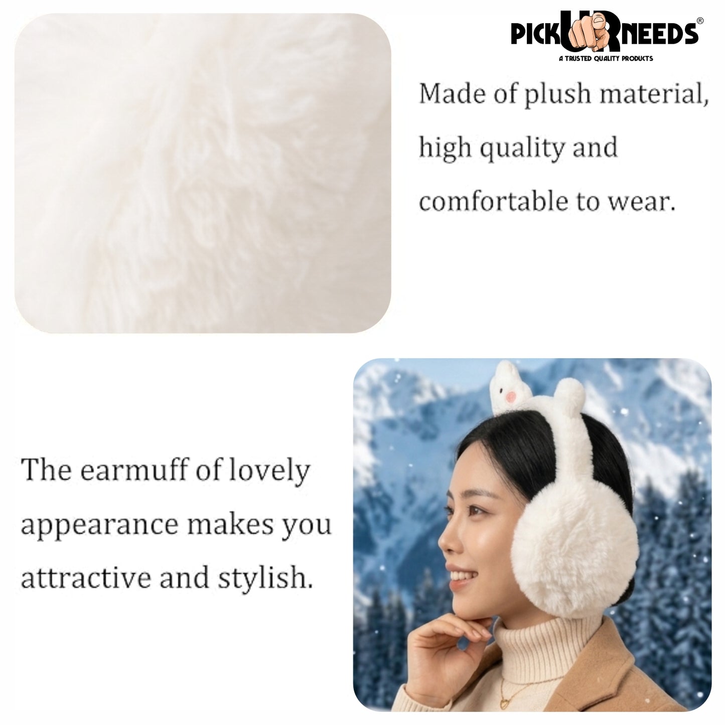 Pick Ur Needs Cute Bunny Ear Muffs for Women & Kids – Foldable Ultra-Soft Winter Earmuffs, Lightweight Plush Ear Warmers