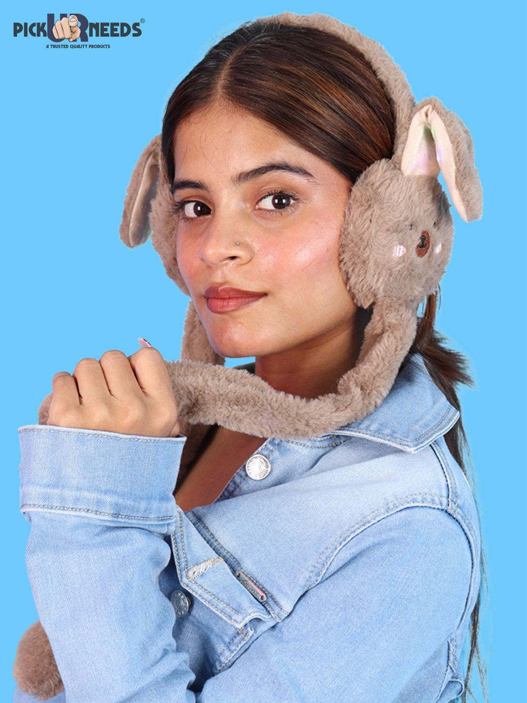 Pick Ur Needs Plush Bunny Cute Earmuffs for Girls & Women with RGB LED Lights,Ultra Soft Warm Winter Moving Flapping Ears Muffs