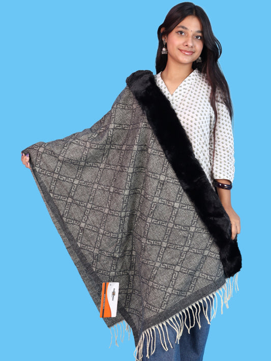 Pick Ur Needs Stylish Womens & Girls Winter Wear Shawl with Fur-Style Soft Warm Printed Wrap Stole with Fringes