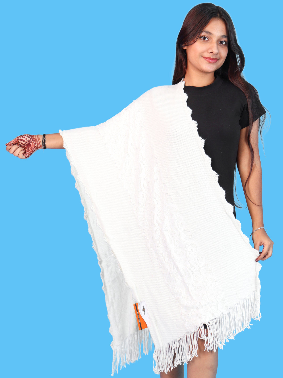 Pick Ur Needs Girls & Womens Shawl with Embroidered Lace Work, Bead Detailing and Fringe Tassels, Elegant Woollen Winter Stole