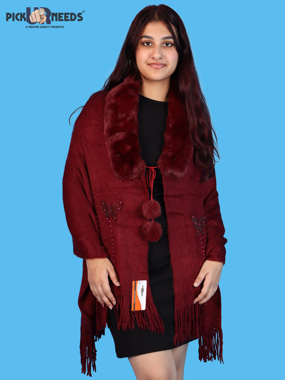 Pick Ur Needs Womens Faux Fur Collar Shrug with Pom Pom Tie Shawl Elegant Fringed Winter Wrap for Women & Girls