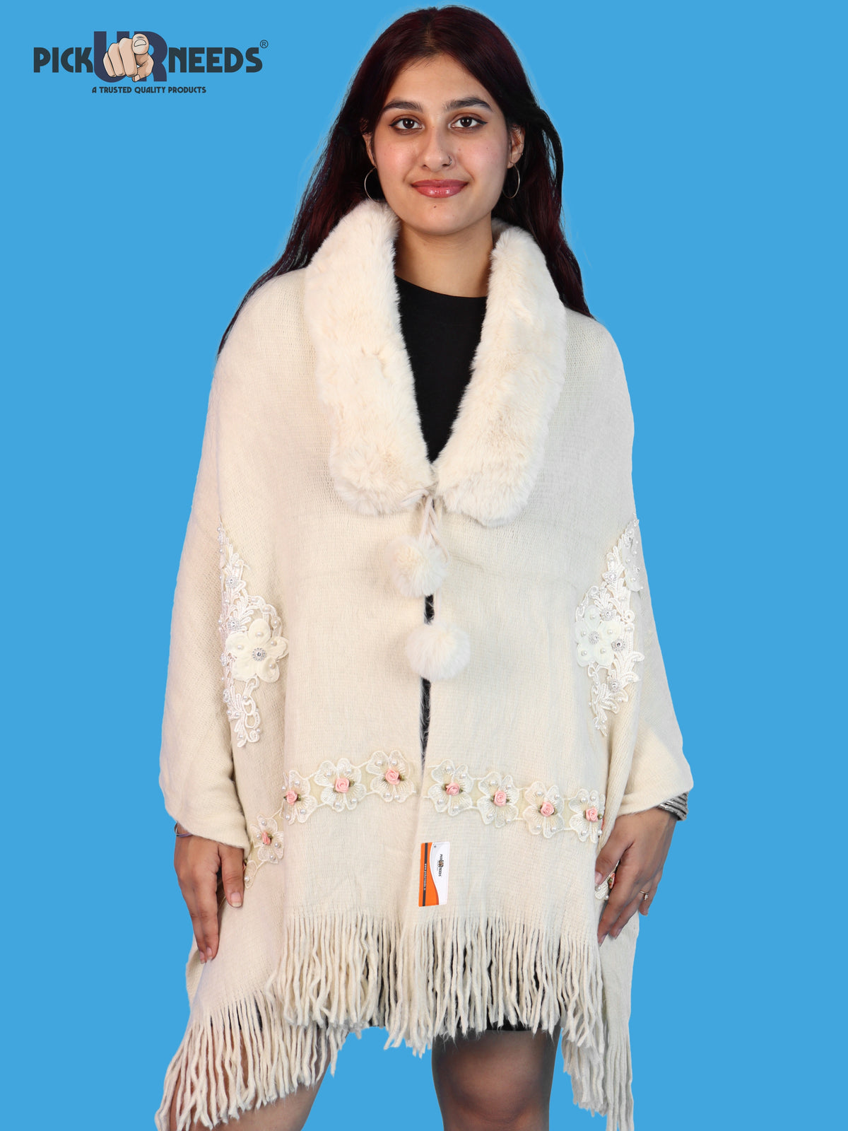Pick Ur Needs Womens Premium Winter Shawl Shrug with Soft Fur Collar, Floral Embroidery, Pom-Pom Tie & Fringe Detailing Stylish Warm Wrap for Girls