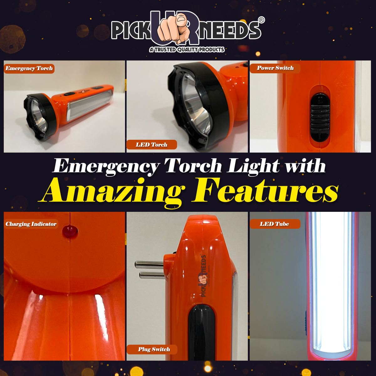 Pick Ur Needs Long Range LED Rechargeable Torch Lantern 5W +18 Bright SMD Tube 1600mAH Perfect Flashlight 20 hrs Torch Emergency Light  (Orange)