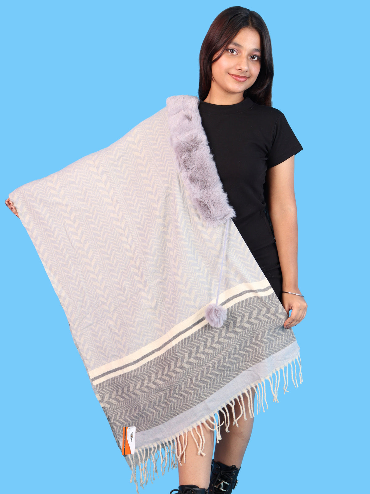 Pick Ur Needs Womens & Girls Designer Winter Shawl with Plush Fur Neckline & Patterned Border Soft Cozy Ladies Shoulder Wrap with Fringed Edges & Pom Pom Tassels