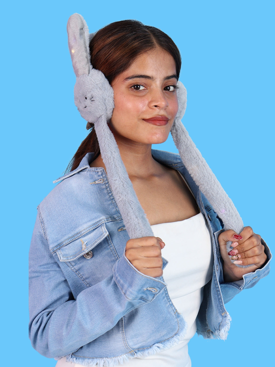 Pick Ur Needs Plush Bunny Cute Earmuffs for Girls & Women with RGB LED Lights,Ultra Soft Warm Winter Moving Flapping Ears Muffs