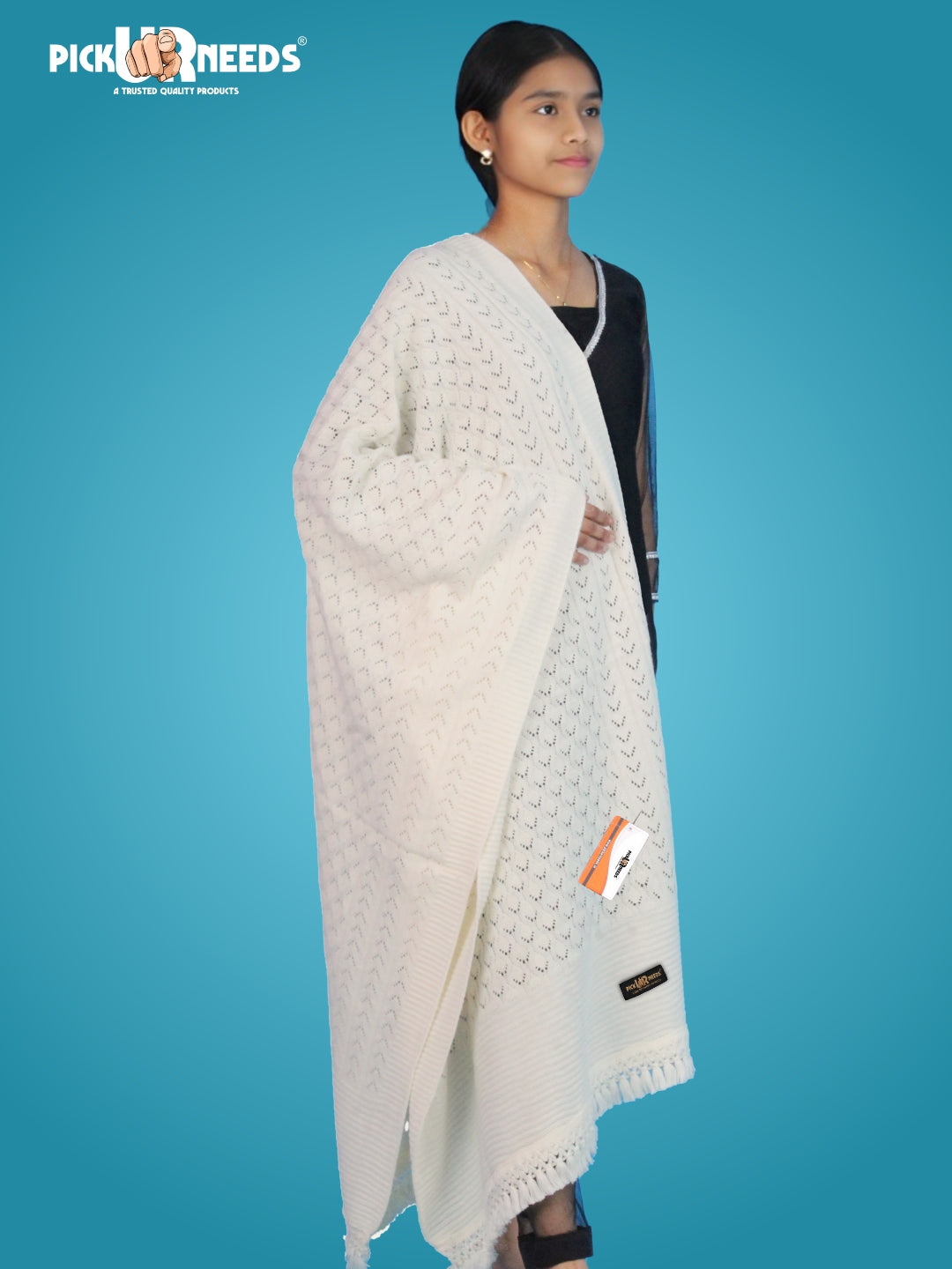 Pick Ur Needs Women’s Premium Knitted Winter Soft Shawl Woolen Warm Stole with Elegant Lace Pattern & Tassels For Girls