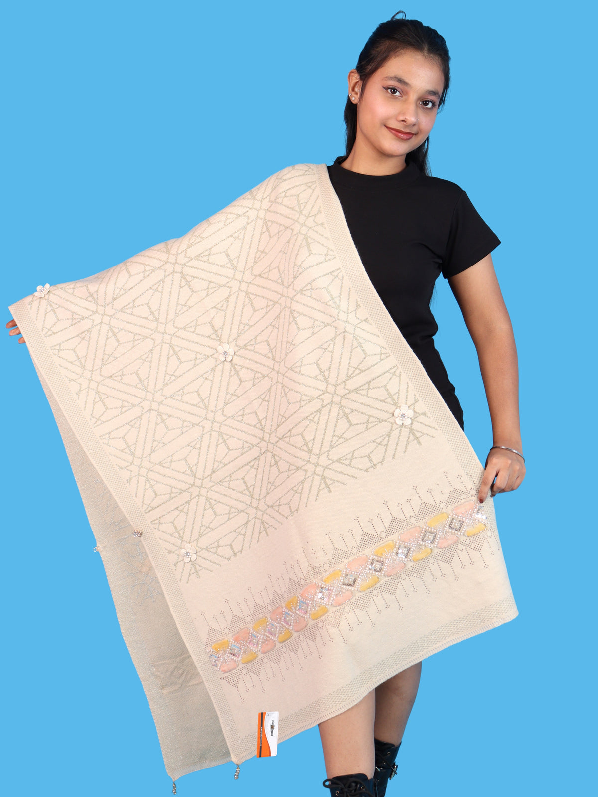 Pick Ur Needs Womens Soft Woolen Winter Girls Shawl with Elegant Geometric Design & Floral Embellishments Lightweight Warm Comfortable Ladies Shawl