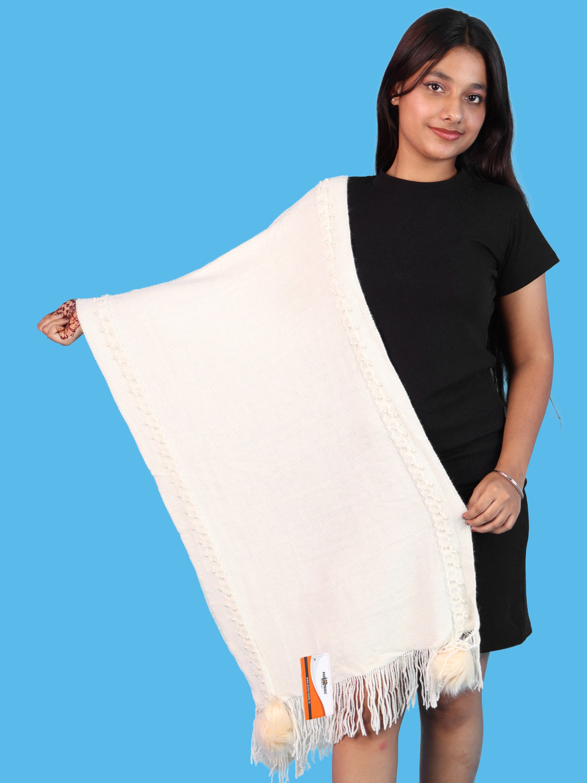 Pick Ur Needs Women & Girls Elegant Woolen Shawl with Beaded Border & Fringed Ends, Soft Warm Lightweight Winter Wrap Stole