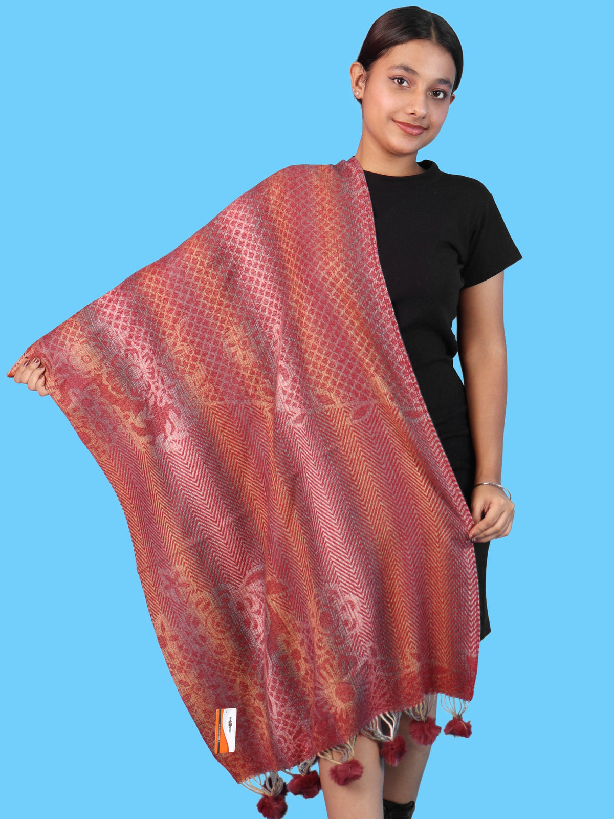 Pick Ur Needs Soft Woolen Designer Winter Shawl with Beautiful Floral Pattern & Pom Pom Tassels For Girls & Womens