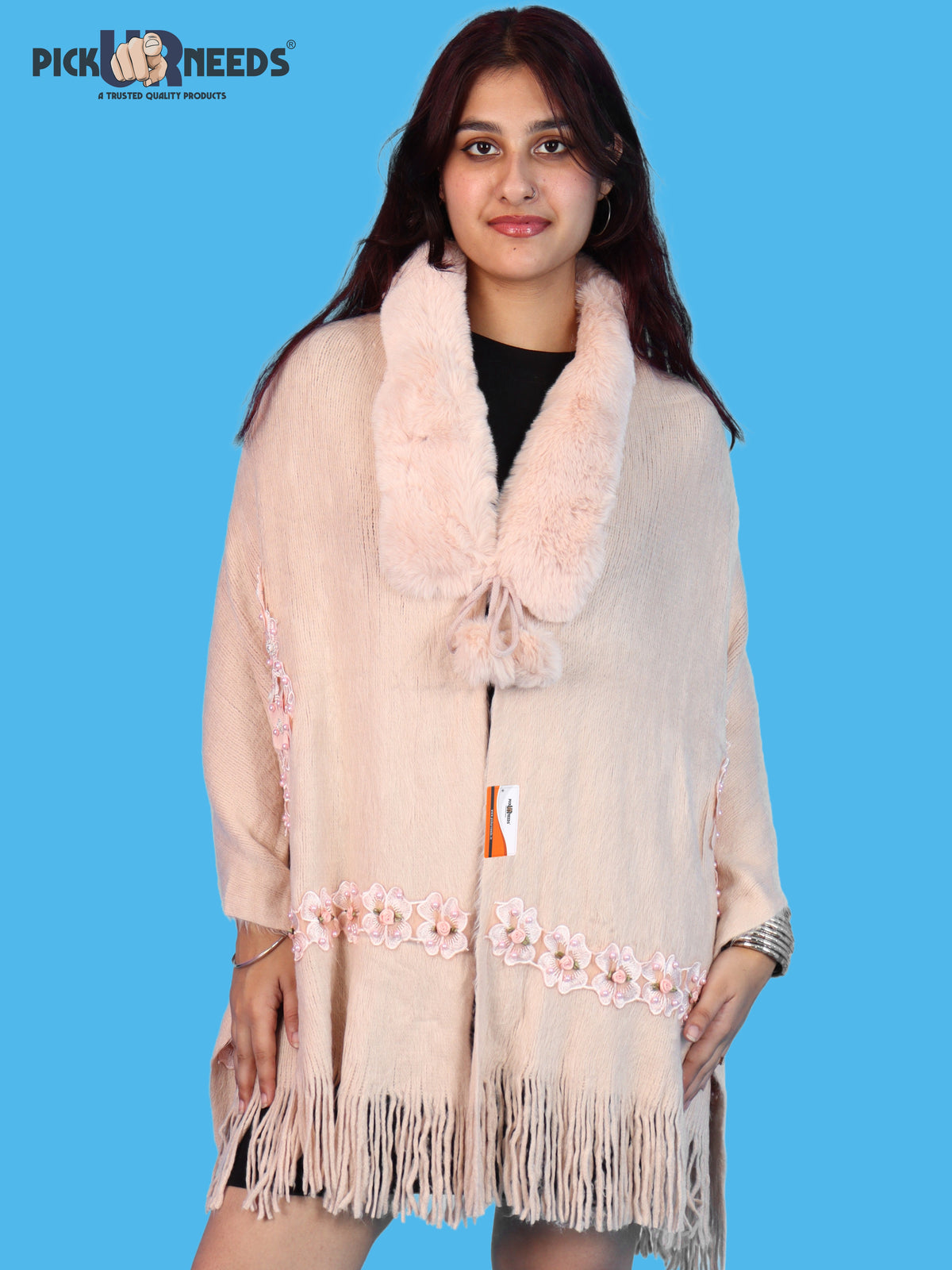 Pick Ur Needs Womens Premium Winter Shawl Shrug with Soft Fur Collar, Floral Embroidery, Pom-Pom Tie & Fringe Detailing Stylish Warm Wrap for Girls