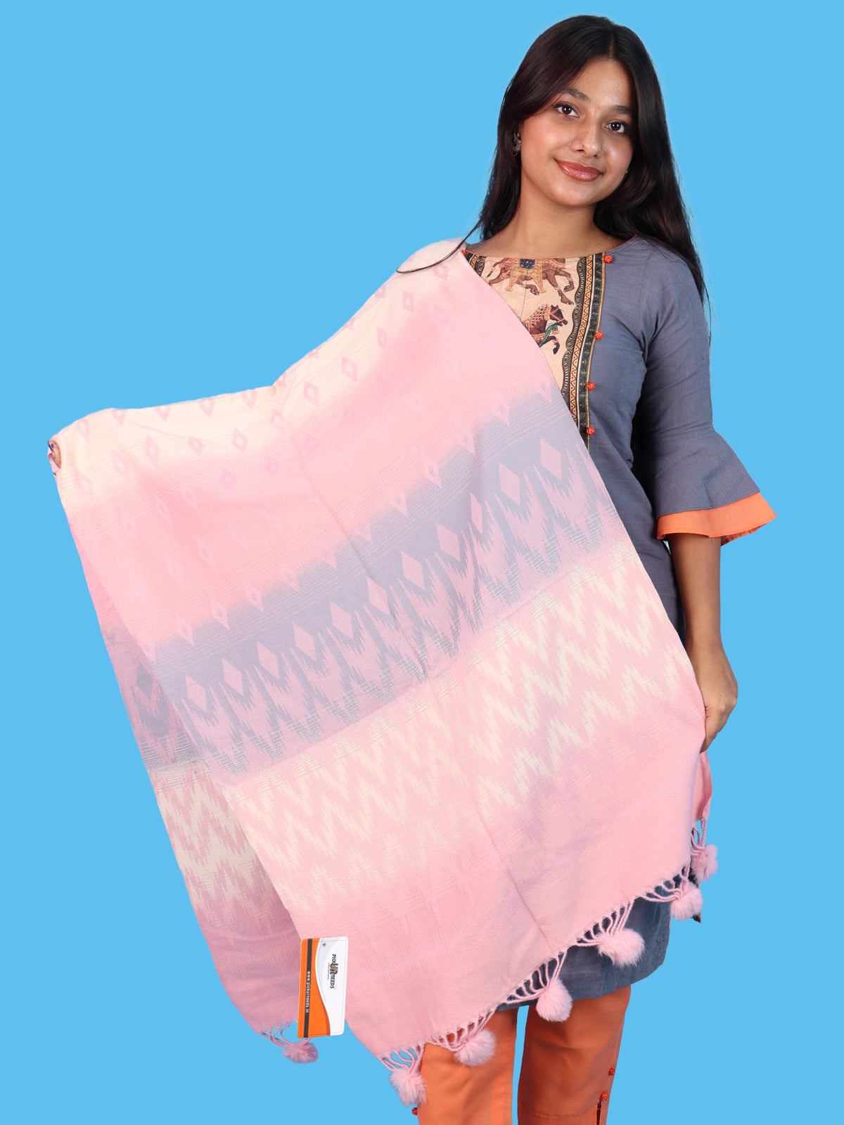 Pick Ur Needs Women Winter Shawl Soft Warm Geometric Printed Woolen Style Stole with Pom Pom Tassels Stylish Long Wrap Muffler for Women & Girls