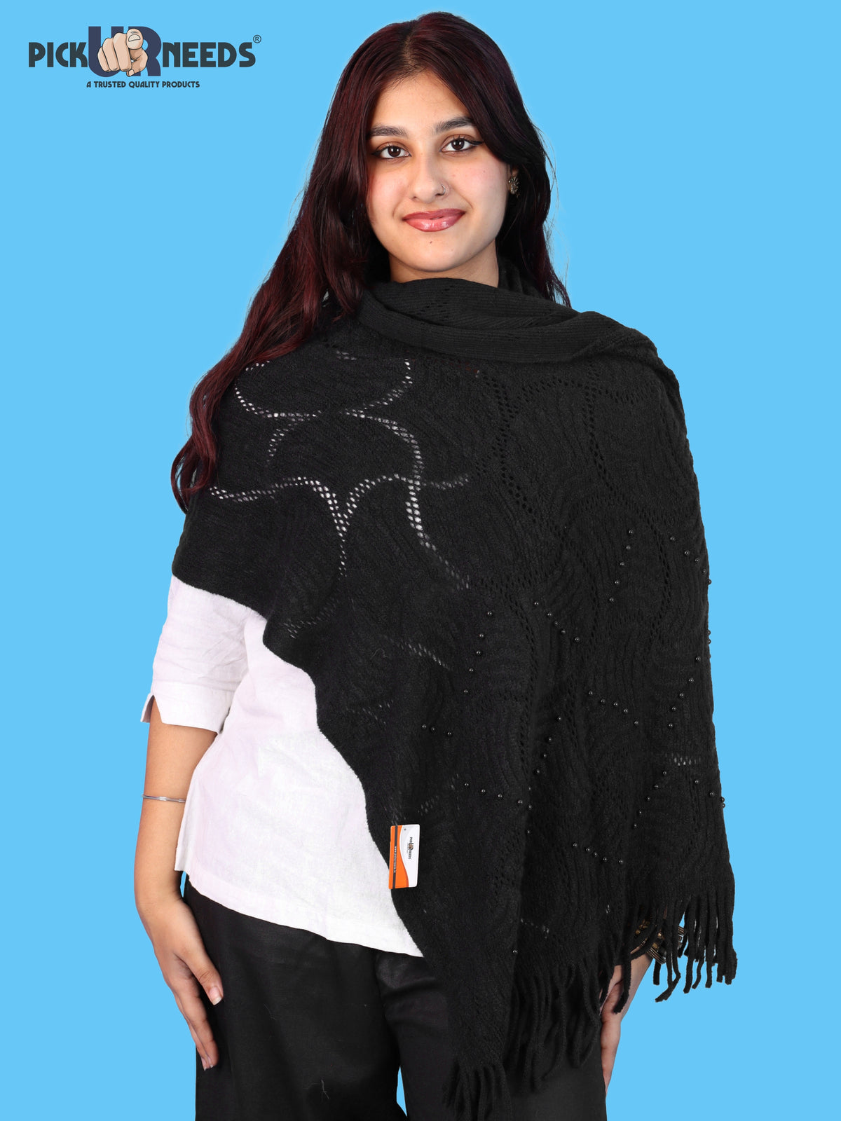 Pick Ur Needs Women & Girls Winter Warm Woolen Shawl Stole with Pearl Work & Fringes – Soft Stylish Wrap
