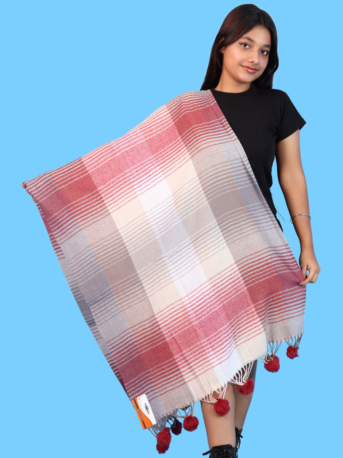 Pick Ur Needs Women & Girls Winter Shawl Soft Warm Striped Pattern Shawl with Tassel & Pom Pom Border Stylish Ladies Winter Wrap