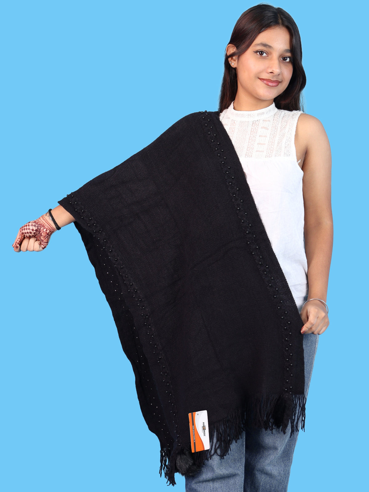 Pick Ur Needs Women & Girls Elegant Woolen Shawl with Beaded Border & Fringed Ends, Soft Warm Lightweight Winter Wrap Stole
