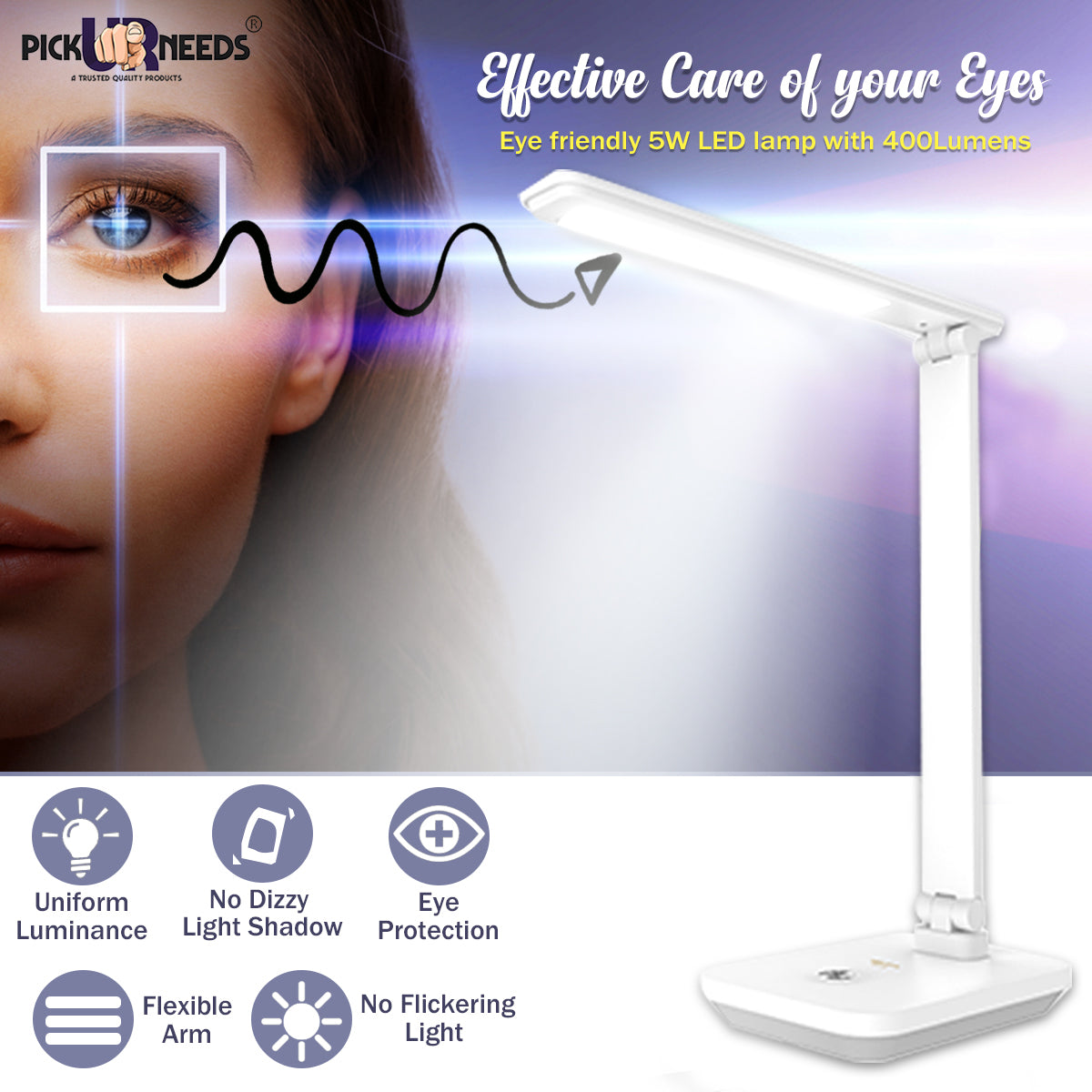 Pick Ur Needs Rechargeable Study table lamp Foldable With Touch Sensor Lithium Battery Dual Power Backup Study Lamp  (42 cm, White)
