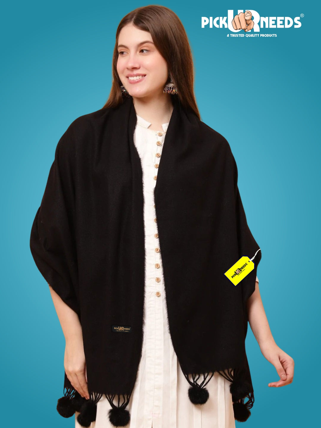 Pick Ur Needs Premium Women’s Wool Blend Scarf Soft Woolen Shawl Winter Stole with Tassels & Pom Poms