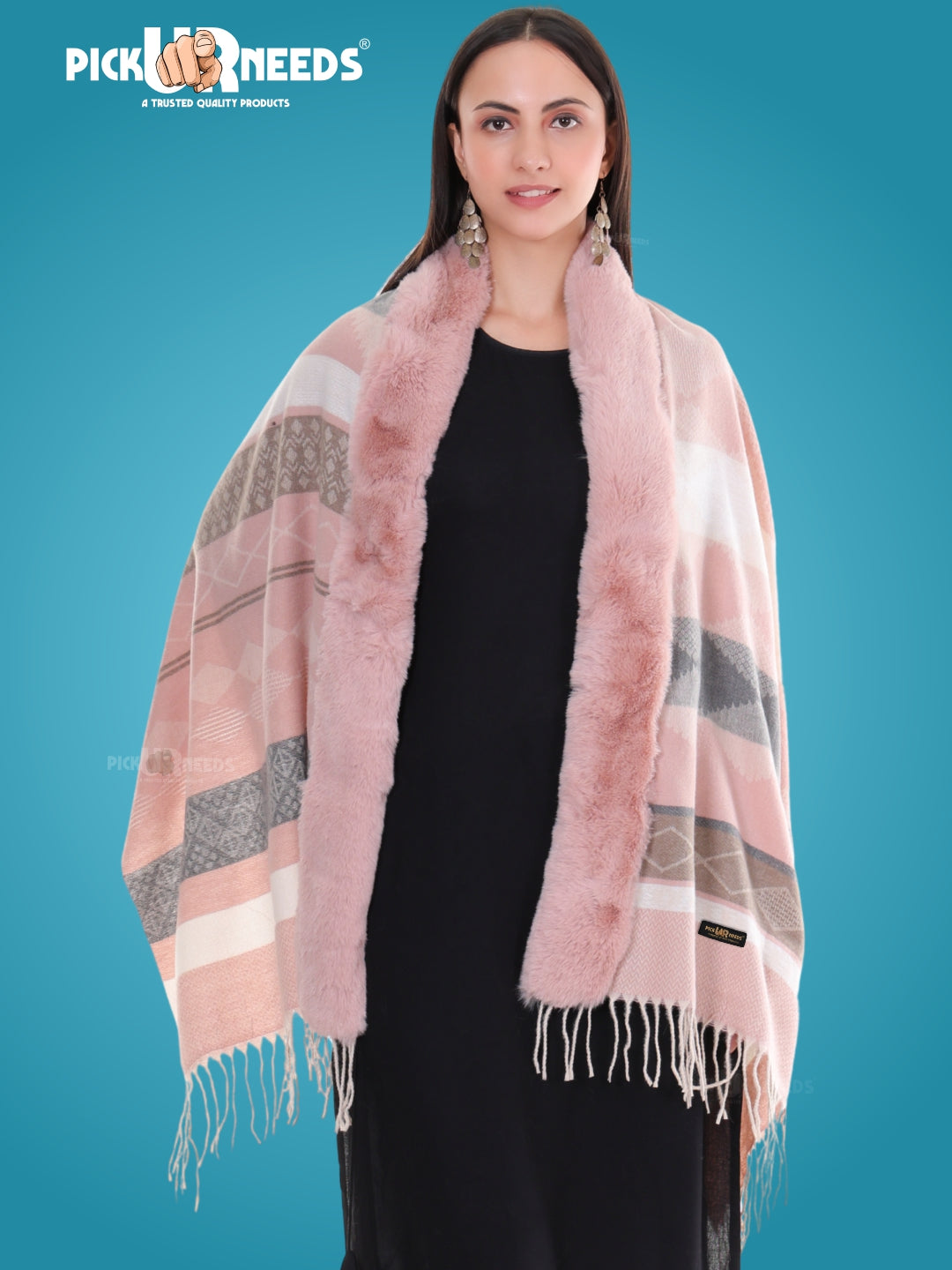 Pick Ur Needs Elegant Winter Soft & Warm Woolen Shawl with Faux Fur Border Multi Color Pattern Scarf