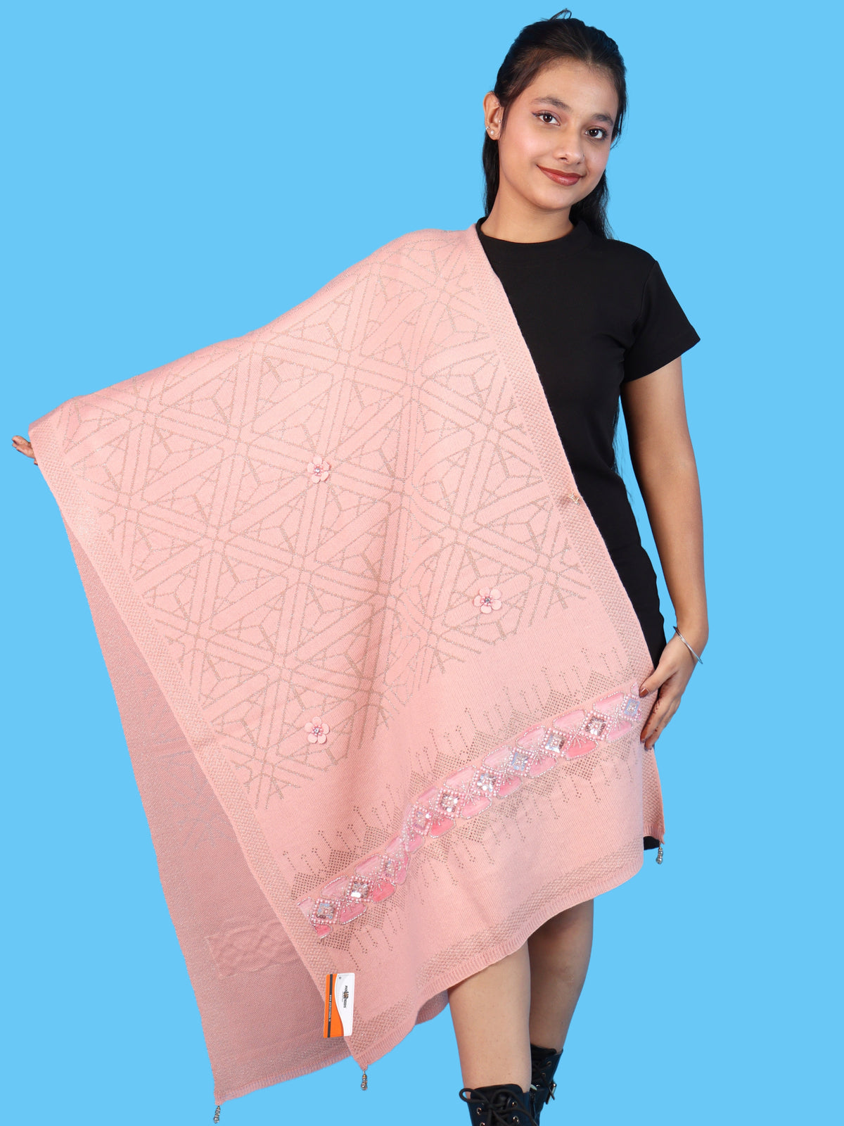 Pick Ur Needs Womens Soft Woolen Winter Girls Shawl with Elegant Geometric Design & Floral Embellishments Lightweight Warm Comfortable Ladies Shawl