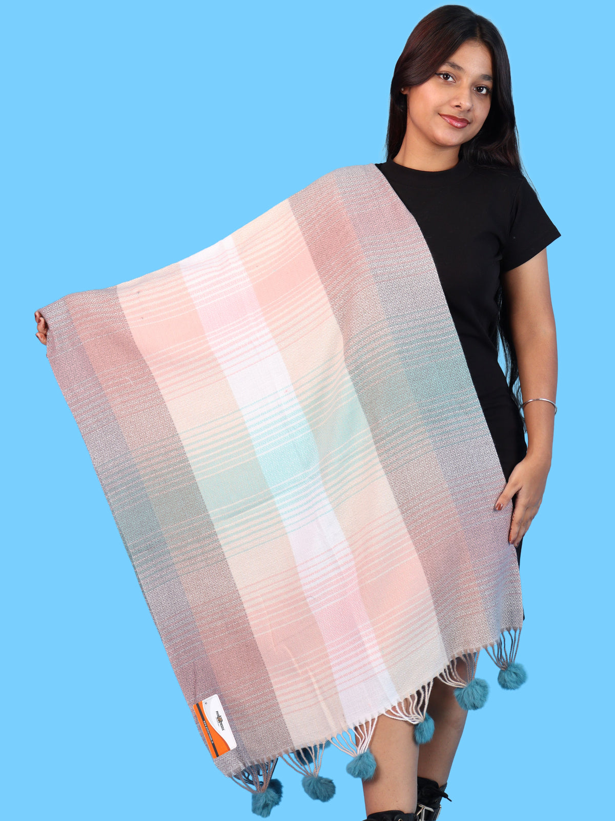 Pick Ur Needs Women & Girls Winter Shawl Soft Warm Striped Pattern Shawl with Tassel & Pom Pom Border Stylish Ladies Winter Wrap