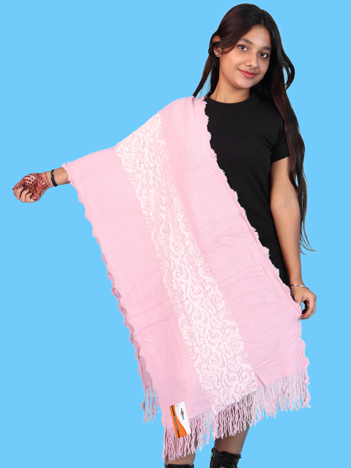 Pick Ur Needs Girls & Womens Shawl with Embroidered Lace Work, Bead Detailing and Fringe Tassels, Elegant Woollen Winter Stole