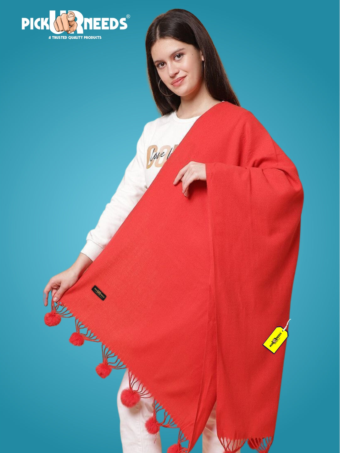Pick Ur Needs Premium Women’s Wool Blend Scarf Soft Woolen Shawl Winter Stole with Tassels & Pom Poms