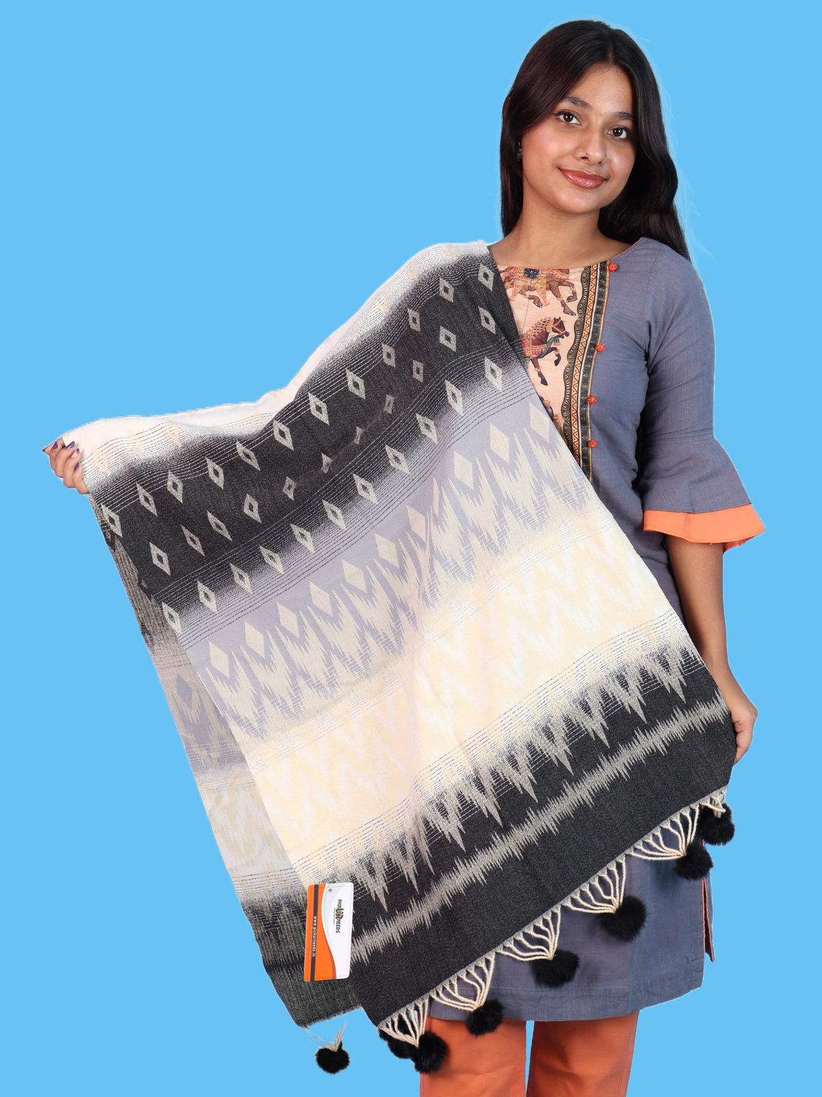 Pick Ur Needs Women Winter Shawl Soft Warm Geometric Printed Woolen Style Stole with Pom Pom Tassels Stylish Long Wrap Muffler for Women & Girls