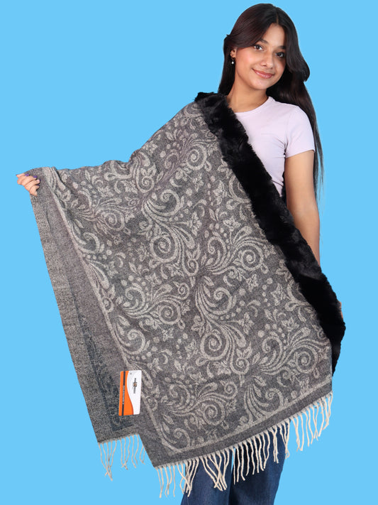 Pick Ur Needs Women’s  Floral Patterned Woolen Shawl with  Faux Fur Border