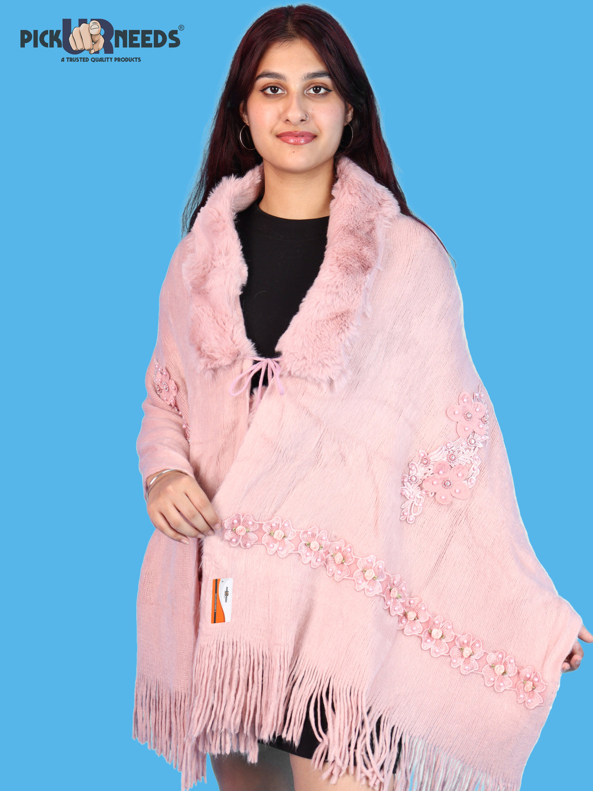 Pick Ur Needs Womens Premium Winter Shawl Shrug with Soft Fur Collar, Floral Embroidery, Pom-Pom Tie & Fringe Detailing Stylish Warm Wrap for Girls