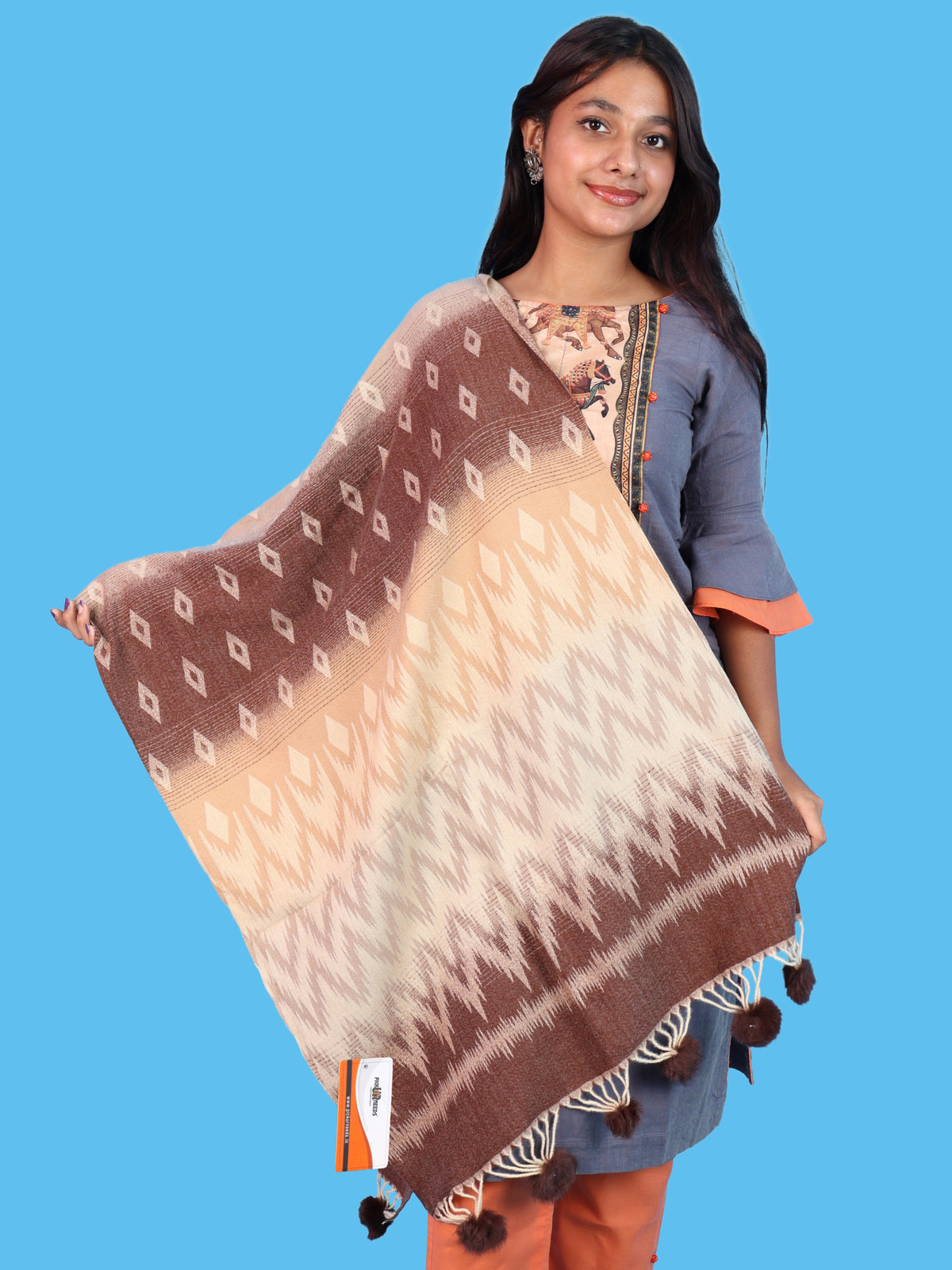 Pick Ur Needs Women Winter Shawl Soft Warm Geometric Printed Woolen Style Stole with Pom Pom Tassels Stylish Long Wrap Muffler for Women & Girls