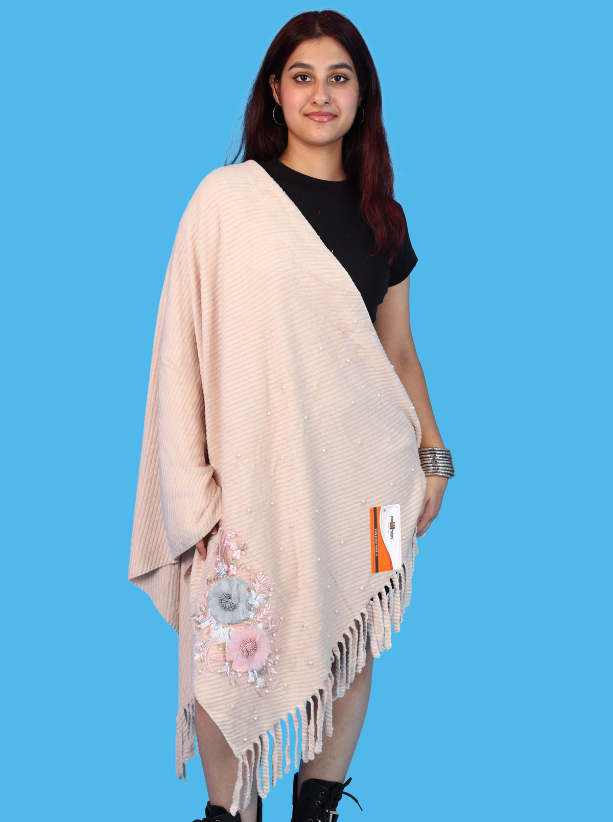 Pick Ur Needs Premium Floral Embroidered Winter Shawl Stole Soft Warm Wrap with Pearl Embellishments & Fringed Border For Girls & Womens