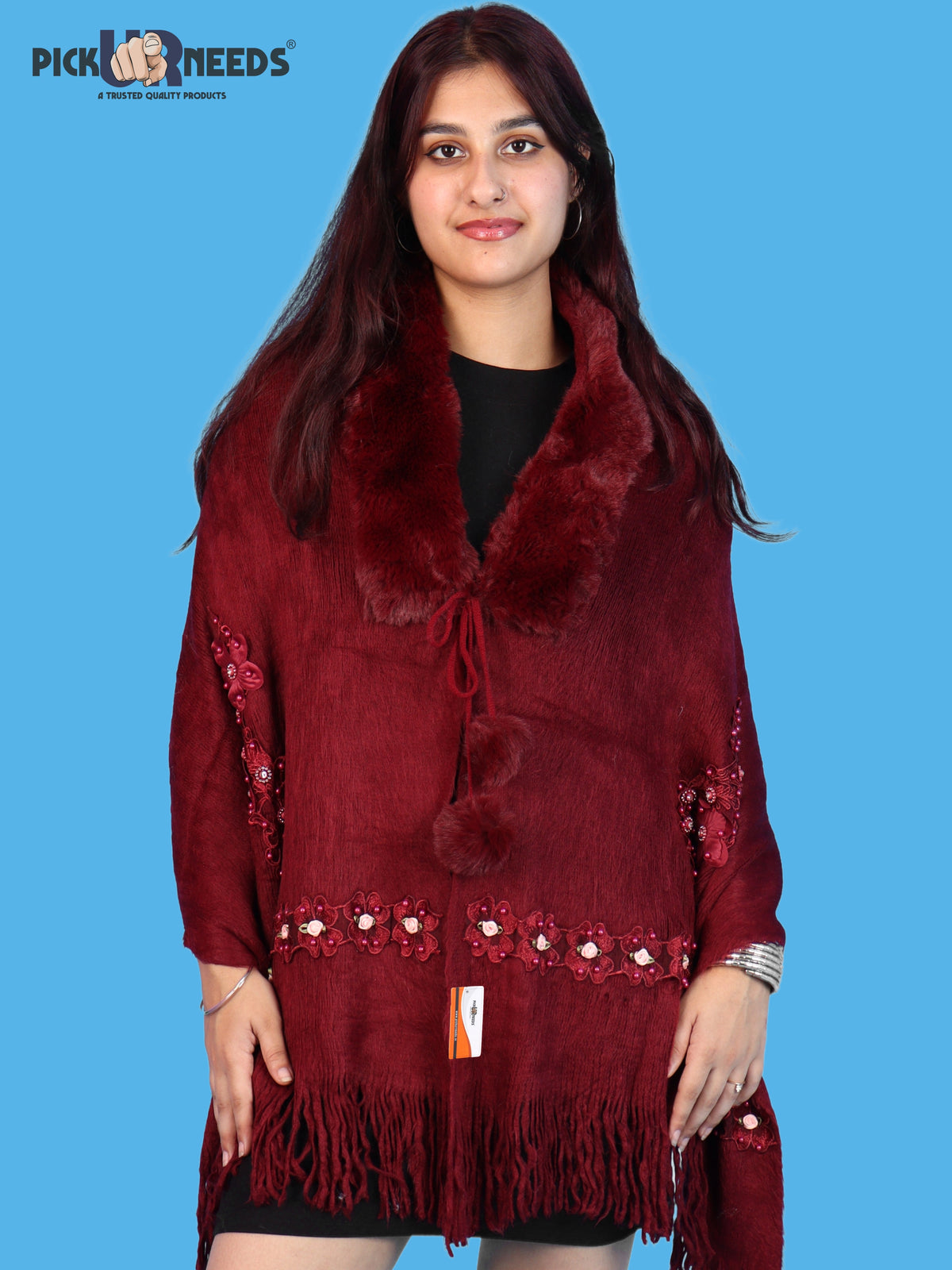 Pick Ur Needs Womens Premium Winter Shawl Shrug with Soft Fur Collar, Floral Embroidery, Pom-Pom Tie & Fringe Detailing Stylish Warm Wrap for Girls