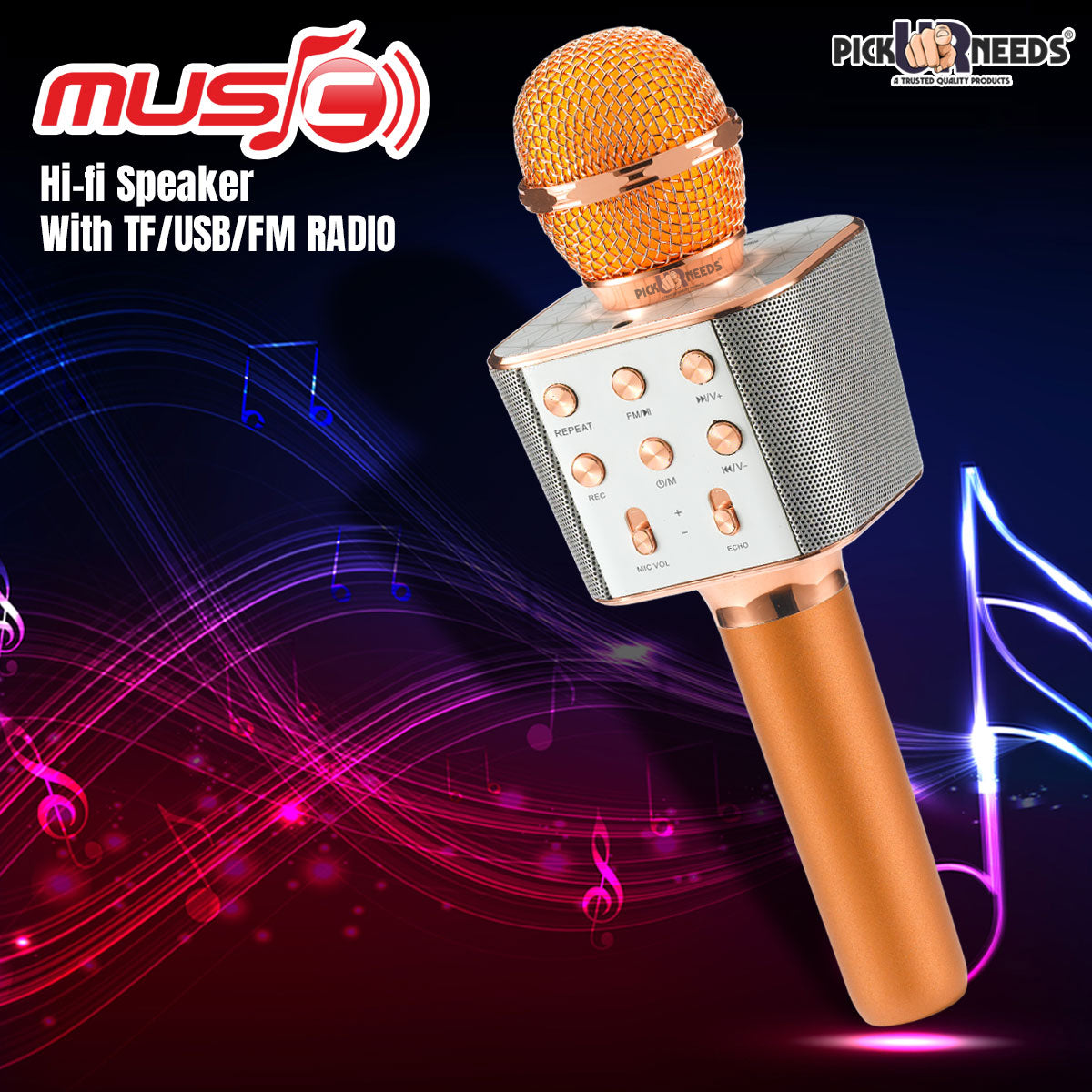 Pick Ur Needs Karaoke Mic with Led Light Wireless Bluetooth Microphone Connection Player Speaker 2-in1 with Recording + USB+FM