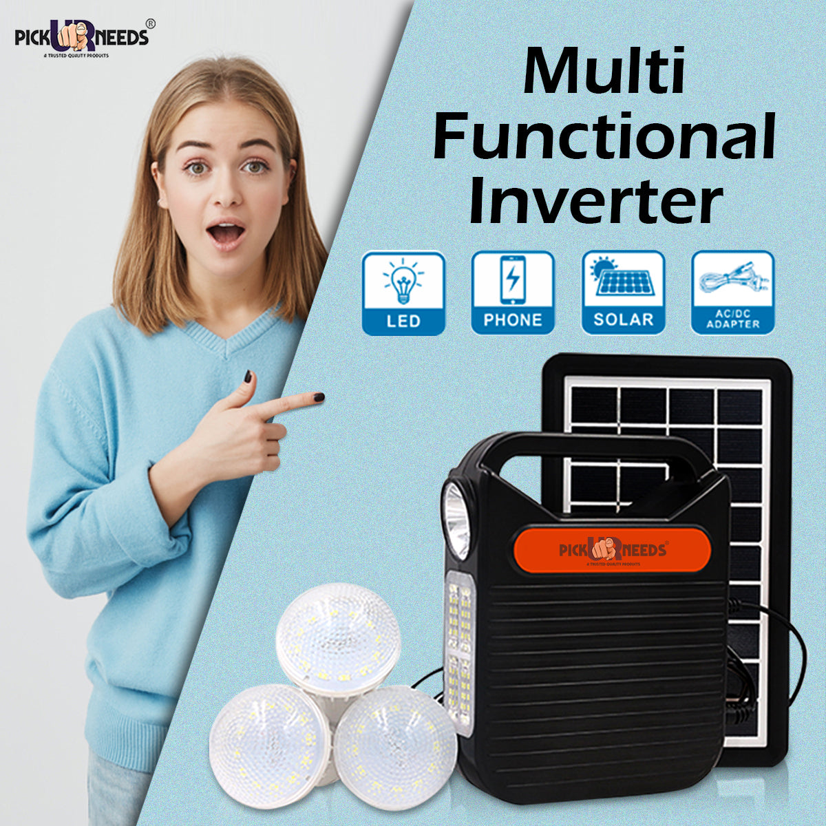 Pick Ur Needs LED Emergency Portable Inverter with 3 Individual 6 Volt LED Hanging Bulbs with 3.75 m Long Wire and AC/DC USB Socket with USB Wire for Mobile Charging with Solar Panel 5 hrs Torch Emergency Light