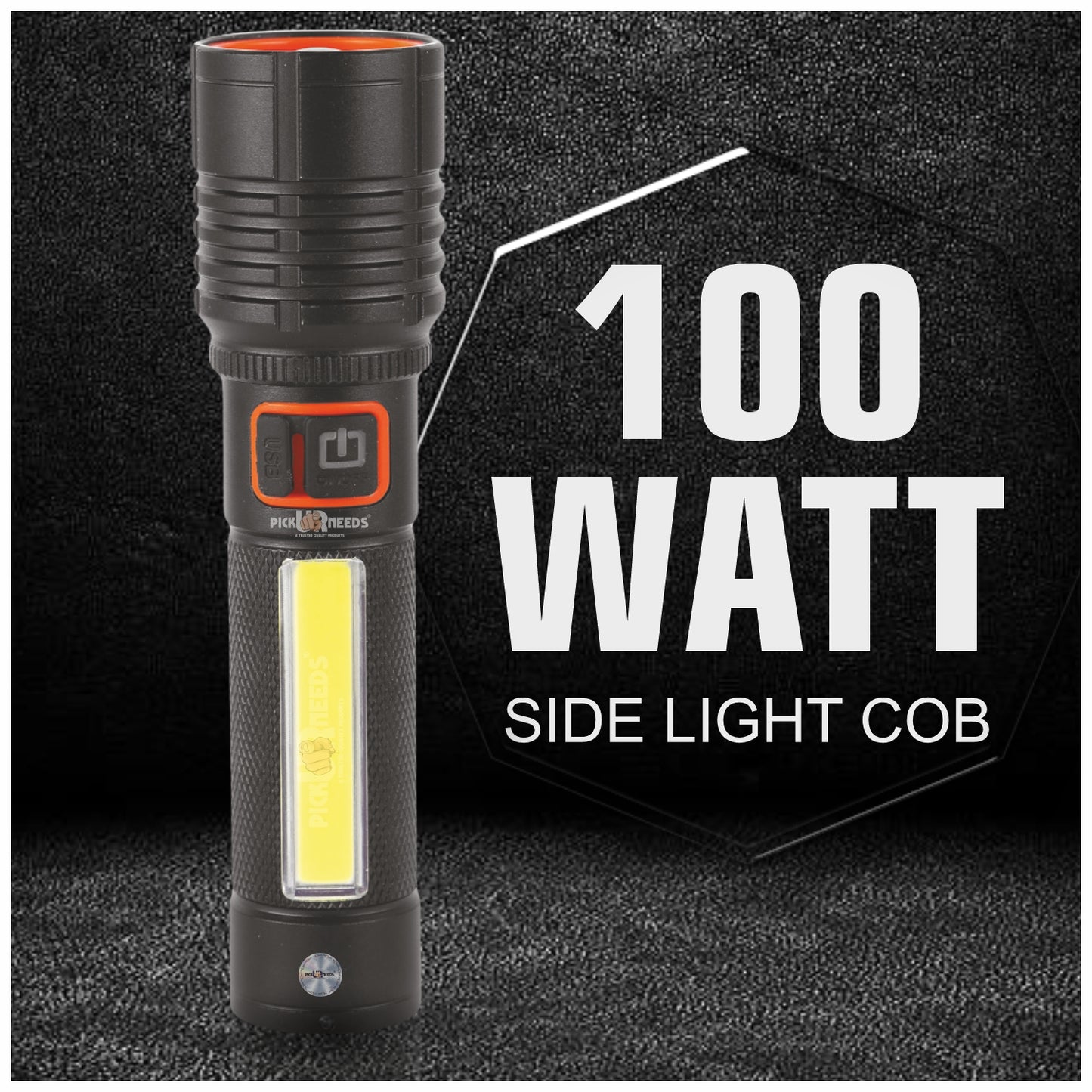 Pick Ur Needs Rechargeable 100W Aluminium Body Home Emergency Mini Search Torch Light Zoomable with 3 Mode + Side COB with 2 Mode 1200mAH Battery