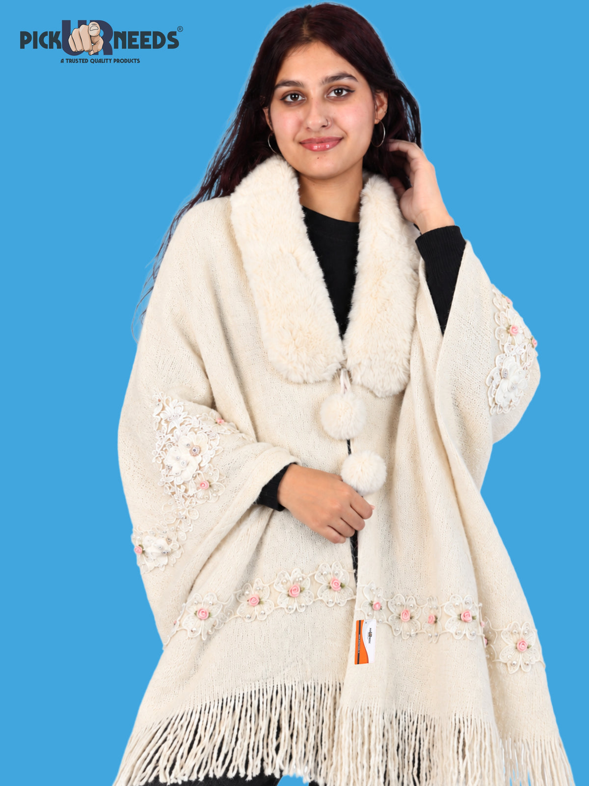 Pick Ur Needs Womens Premium Winter Shawl Shrug with Soft Fur Collar, Floral Embroidery, Pom-Pom Tie & Fringe Detailing Stylish Warm Wrap for Girls