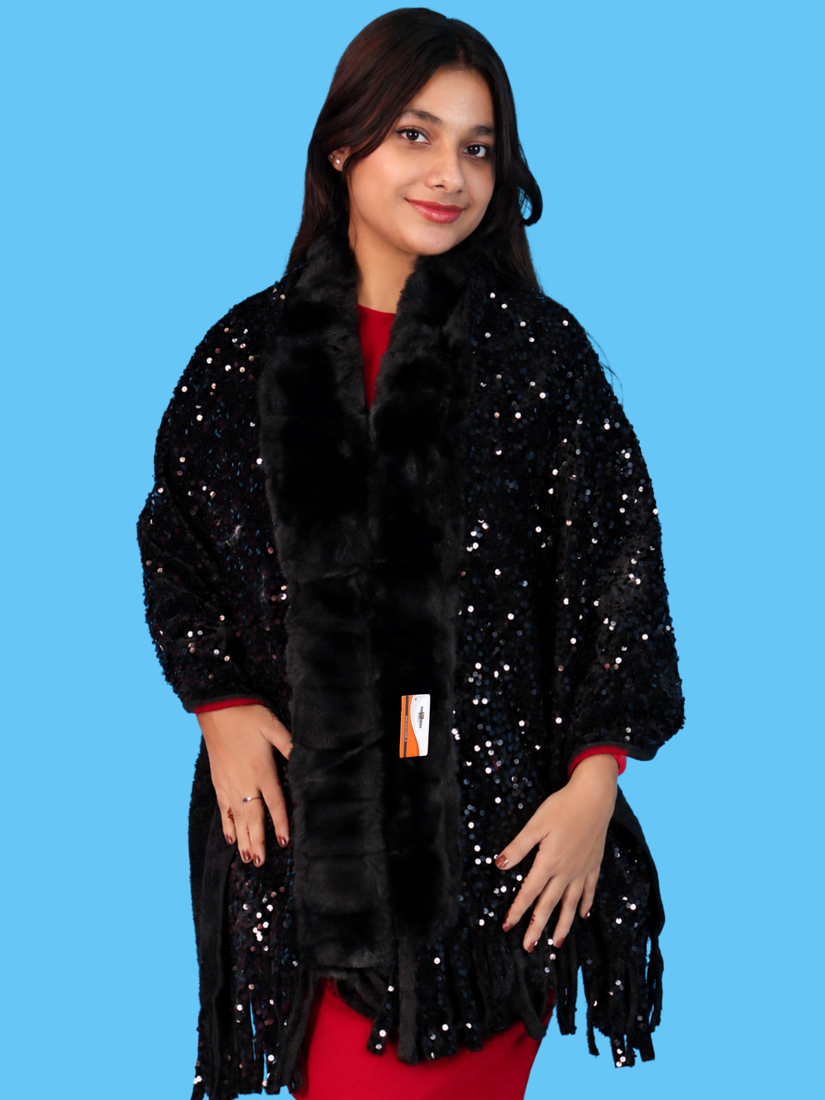 Pick Ur Needs Premium Winter Women Shawl with Shimmering Sequin Work & Soft Fur Border Elegant Warm Designer Shawls with Fringe Tassels for Ladies & Girls