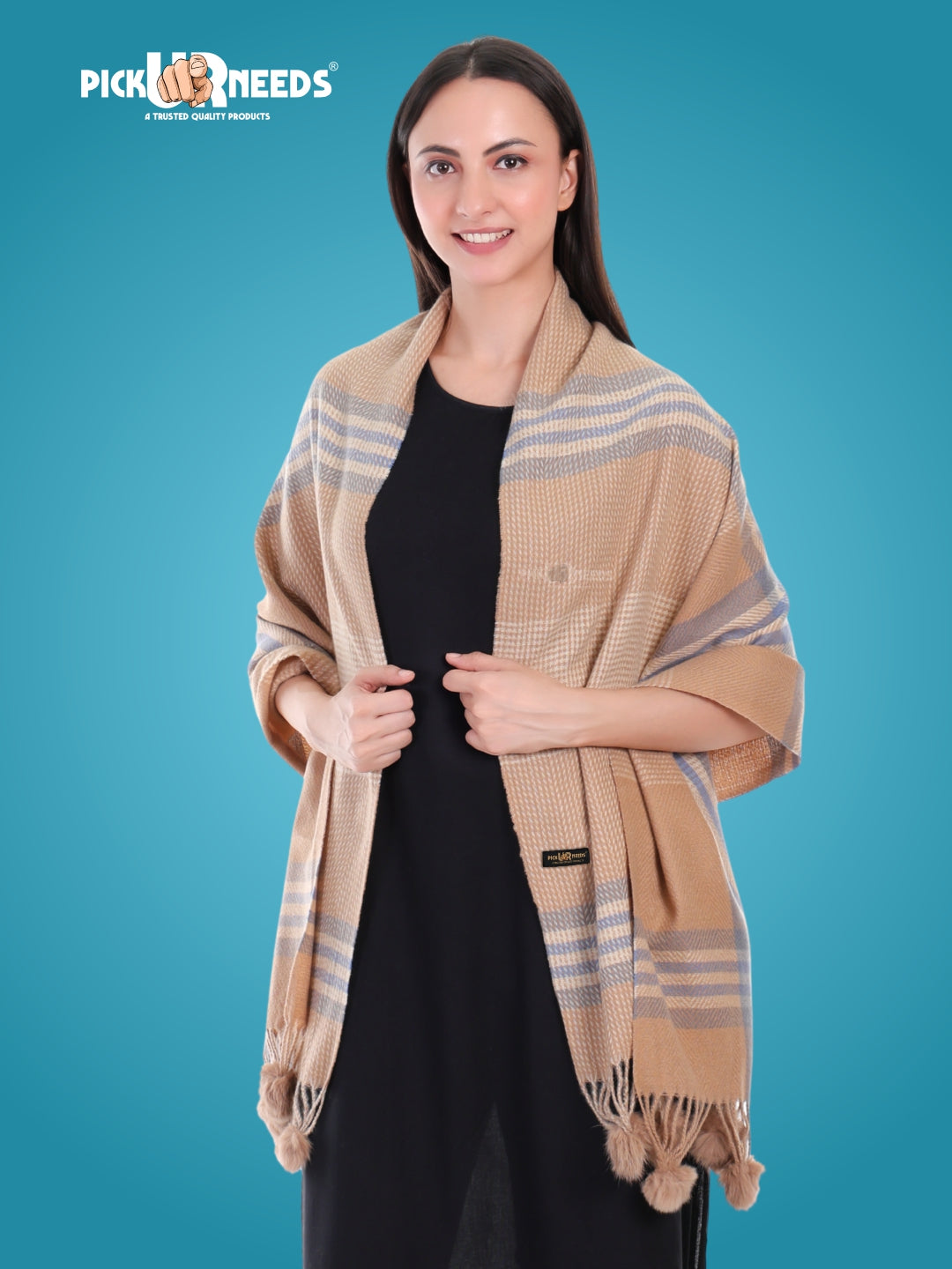 Pick Ur Needs Women's Soft Plaid Shawl Wrap Scarf with Pom Poms Warm Blanket Stole Fashionable Winter Gift for Ladies