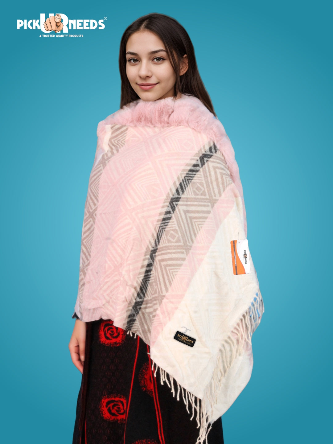 Pick Ur Needs Women's Winter Geometric Printed Faux Fur Border Shawl with Tassels  Soft Warm Wrap Stole for Casual, Party & Travel