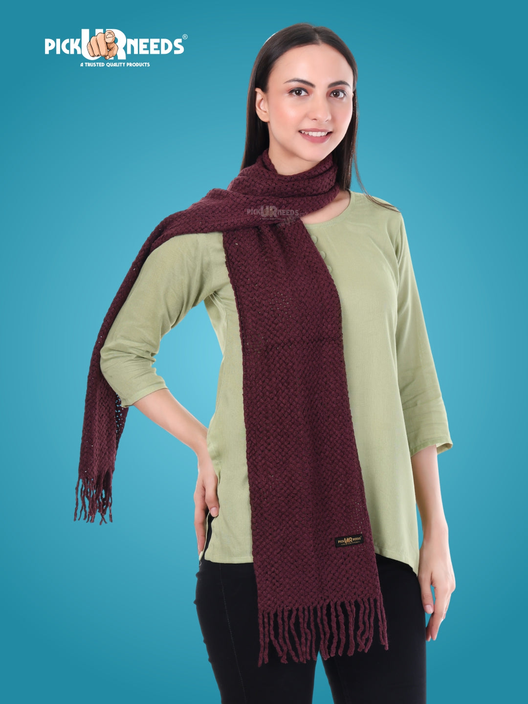 Pick Ur Needs Women's Chunky Knit Scarf  Soft, Warm & Breathable Winter Muffler  Unisex Solid Tan Textured Knit with Fringes