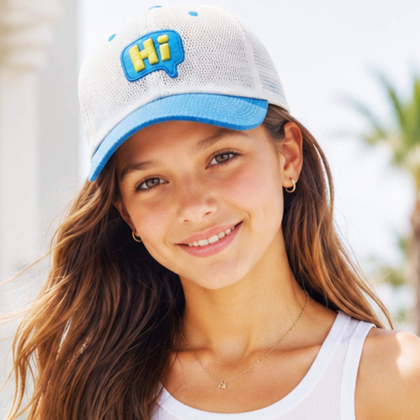 Pick Ur Needs Teenager Stylish Mesh Cap Lightweight Breathable Baseball Hat with “Hi” Embroidery Sun Protection Adjustable Snapback Cap for Boys & Girls