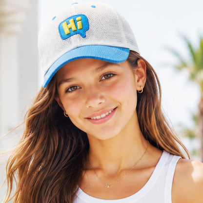 Pick Ur Needs Teenager Stylish Mesh Cap Lightweight Breathable Baseball Hat with “Hi” Embroidery Sun Protection Adjustable Snapback Cap for Boys & Girls