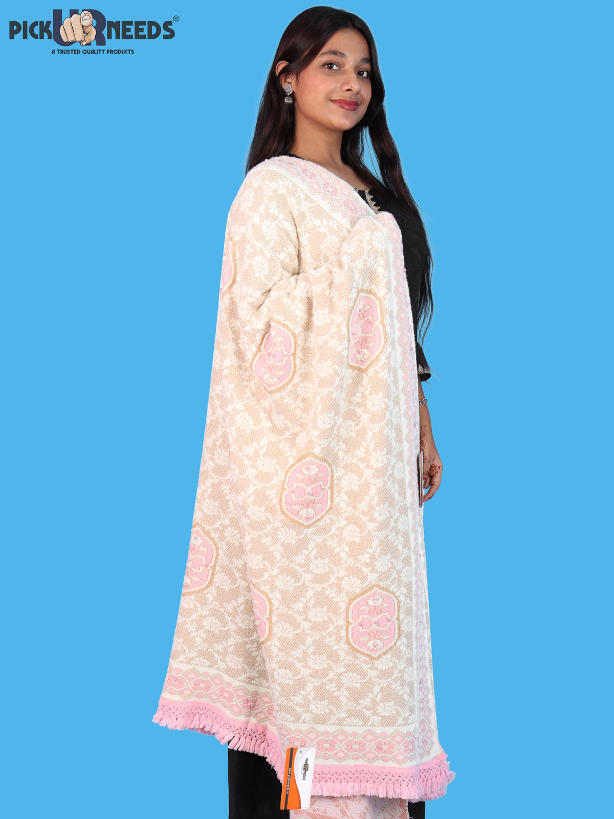 Pick Ur Needs Printed Women’s Woolen Shawl with Elegant Floral Pattern & Fur Border