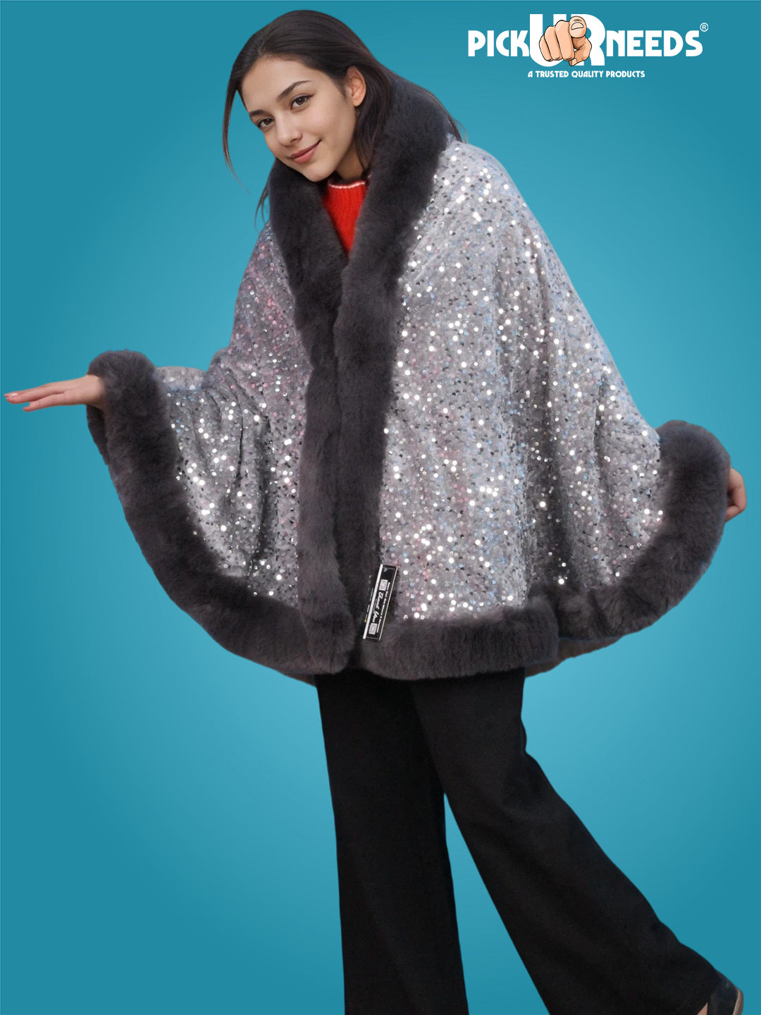 Visit the Pick Ur Needs Store Pick Ur Needs Luxury Sequin Faux Fur Shawl for Women Poncho & Winter Shrug Soft Warm Designer Wrap for Evening Parties
