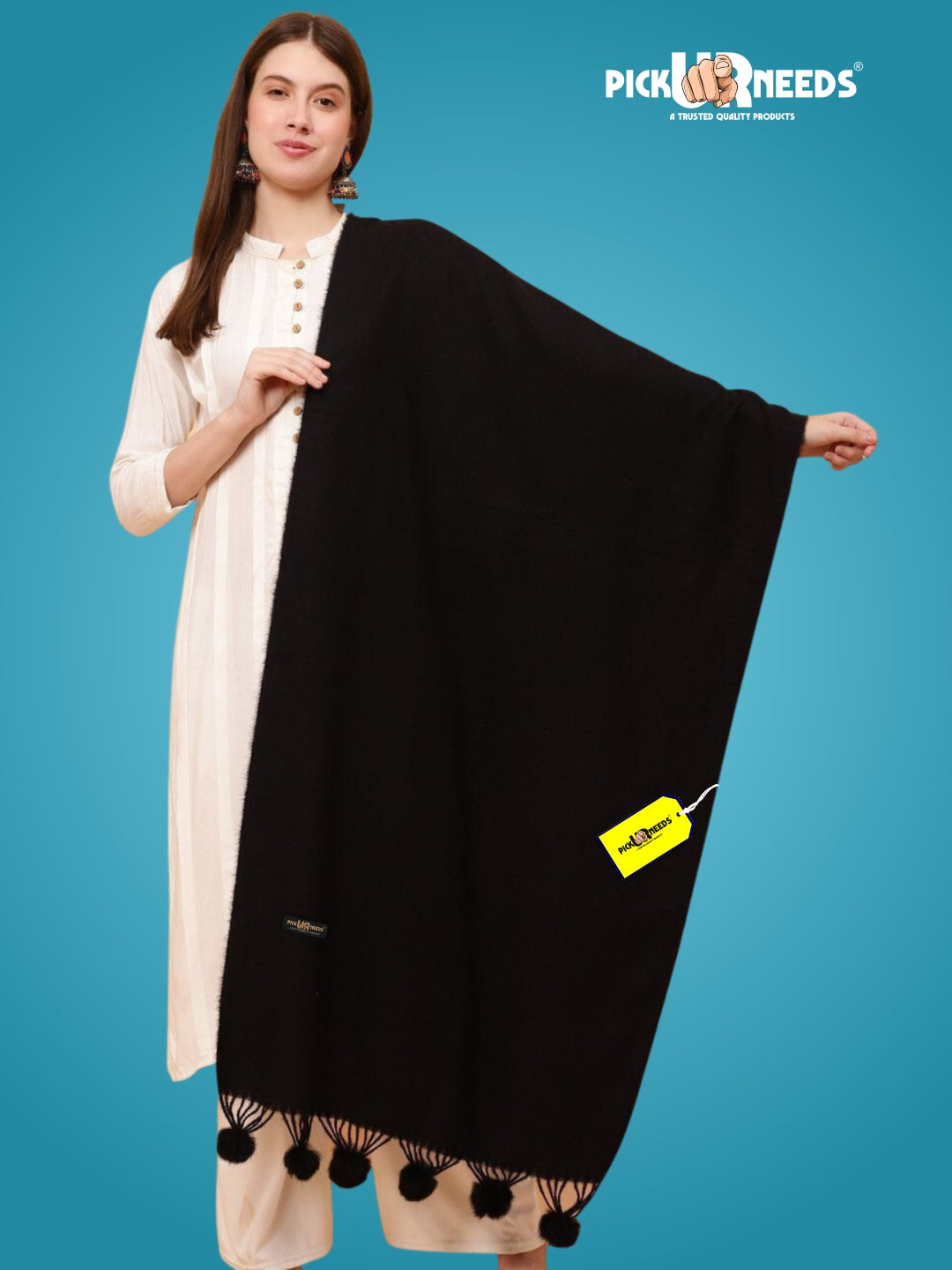 Pick Ur Needs Premium Women’s Wool Blend Scarf Soft Woolen Shawl Winter Stole with Tassels & Pom Poms