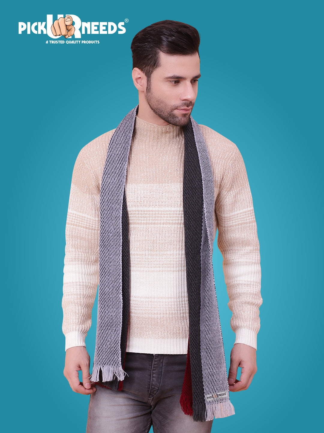 Pick Ur Needs Premium Men's Warm And Stylish Woolen Muffler With Multicolour Stripes And Stylish Tussles Ends