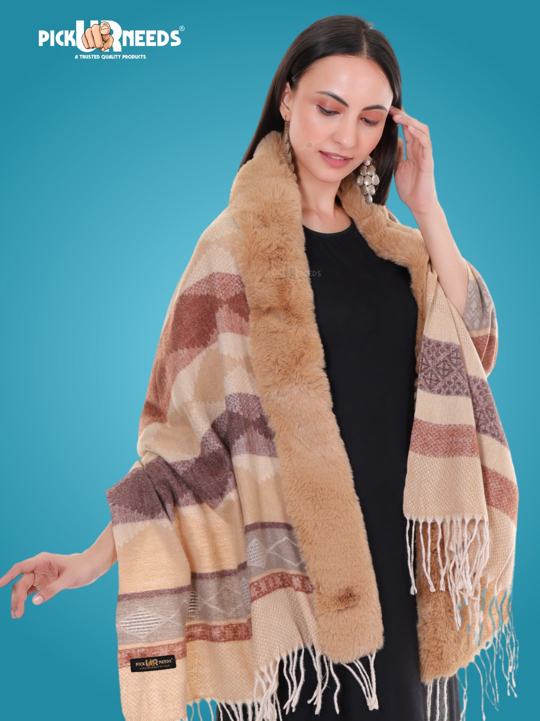 Pick Ur Needs Elegant Winter Soft & Warm Woolen Shawl with Faux Fur Border Multi Color Pattern Scarf