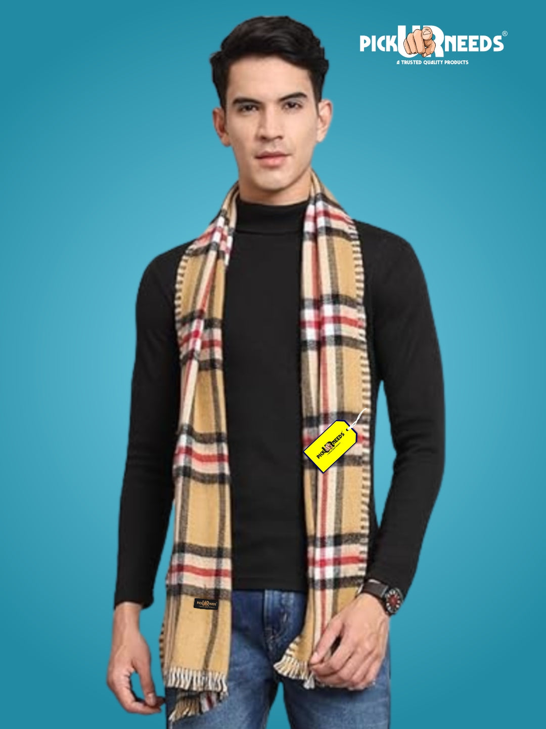 Pick Ur Needs Reversible Winter Muffler for Men Premium Soft Wool Blend Scarf Dual-Design Check & Houndstooth Pattern Warm & Stylish Winter Neck Wrap