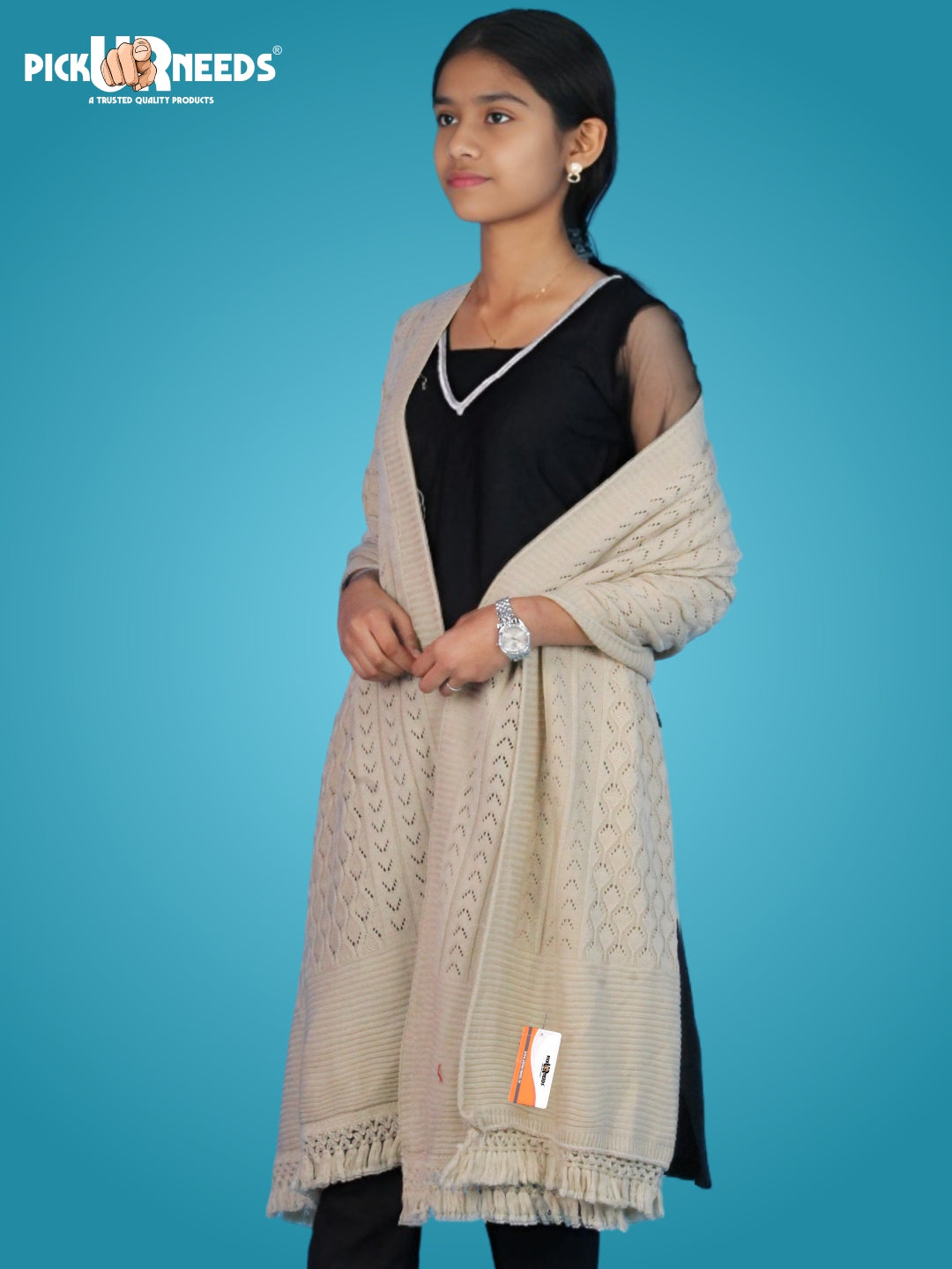 Pick Ur Needs Women’s Premium Knitted Winter Soft Shawl Woolen Warm Stole with Elegant Lace Pattern & Tassels For Girls