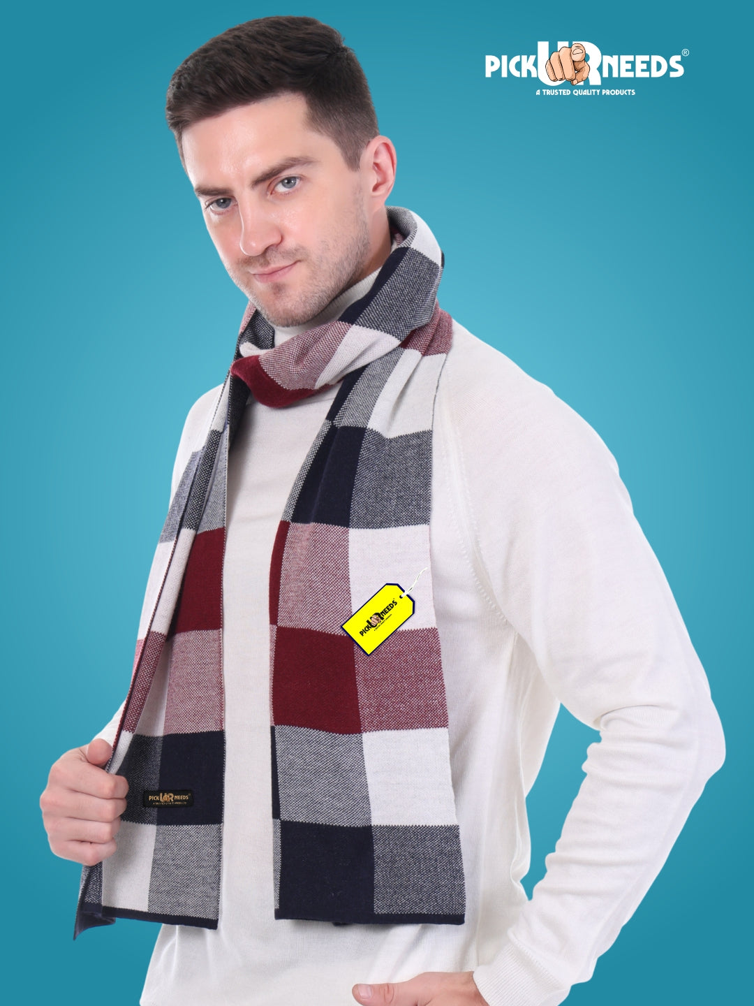 Pick Ur Needs Men’s Woolen Muffler Stylish Checked Soft & Warm Wool Blend Winter Scarf Hand Washable Neck Wrap