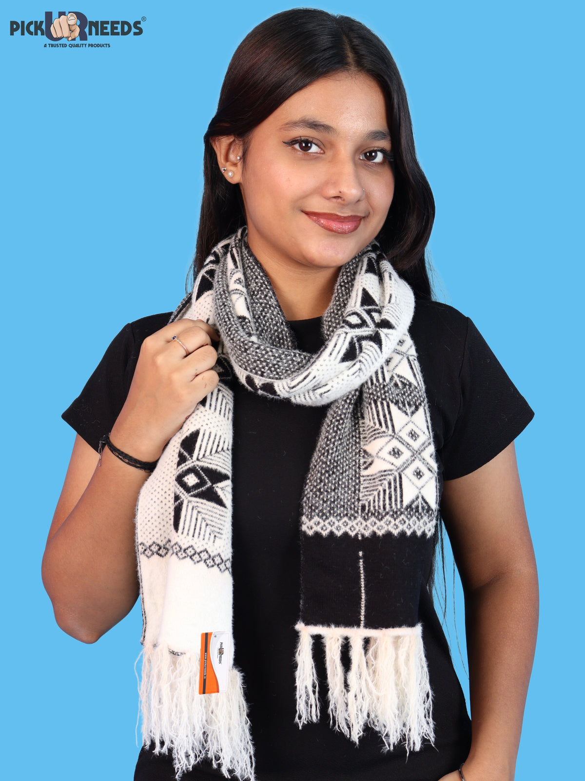 Pick Ur Needs Women & Girls Reversible Knitted Winter Muffler, Soft Warm Woollen Scarf with Geometric Pattern and Tassels, Lightweight Dual-Sided Winter Wrap